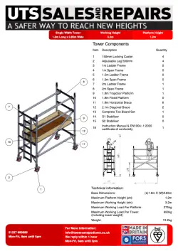 Click Here To Enlarge This Photo Of UTS 500 1&period;2m Platform Height Aluminium Scaffold Tower Single Width 1&period;8m x 850mm