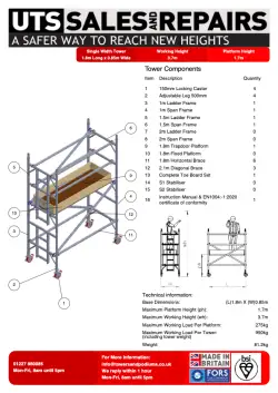 Click Here To Enlarge This Photo Of UTS 500 1&period;7m Platform Height Aluminium Scaffold Tower Single Width 1&period;8m x 850mm